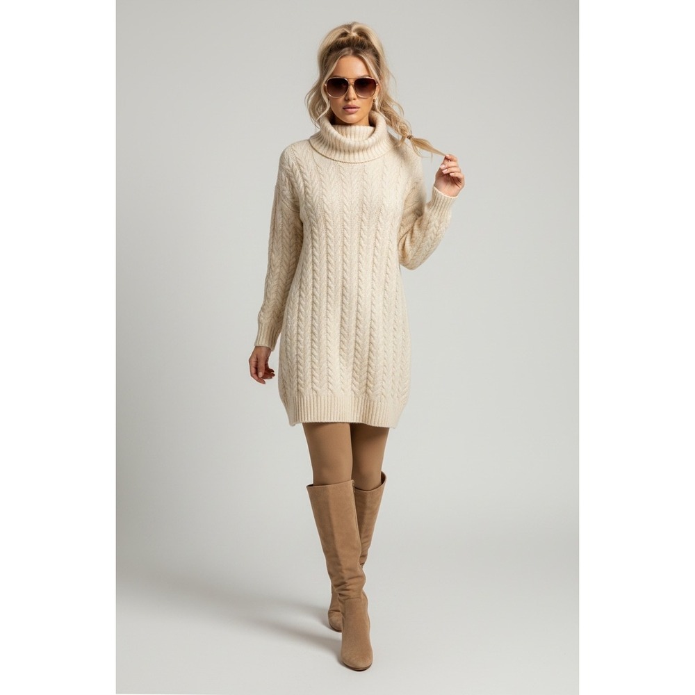 Papillon Cream Cable Knit Turtleneck Sweater 3/4 Length Medium Ivory Mini Tunic